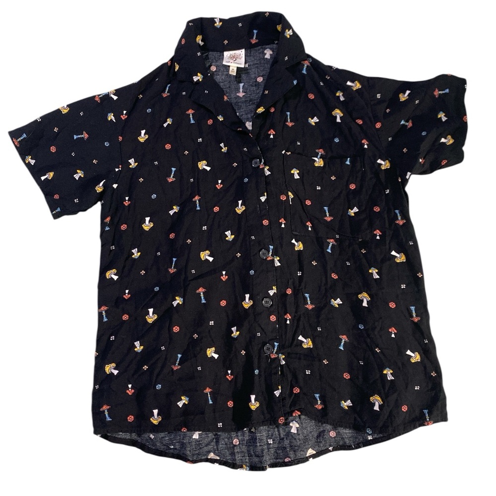 Self Esteem Retro Black Mushroom & Floral Casual Button Down Shirt, Size M Boho.